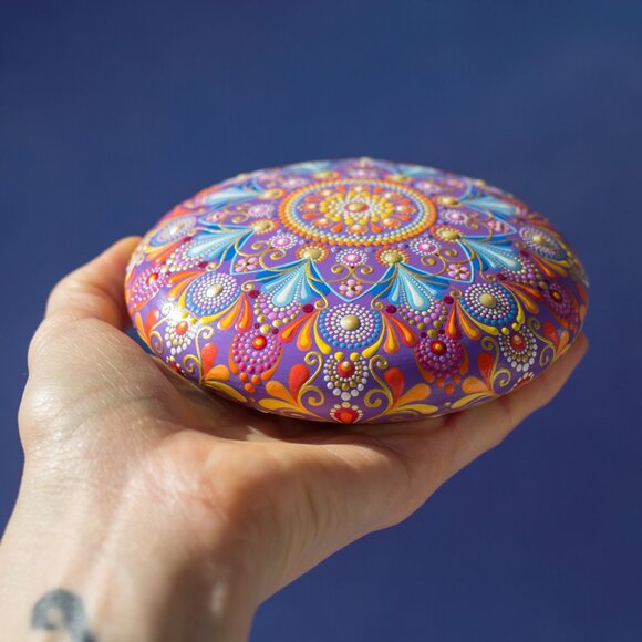 Mandala Painted Stone Acrylic Rock Paperweight Dot Art Painting by Lauruntra - Picture 7 of 10
